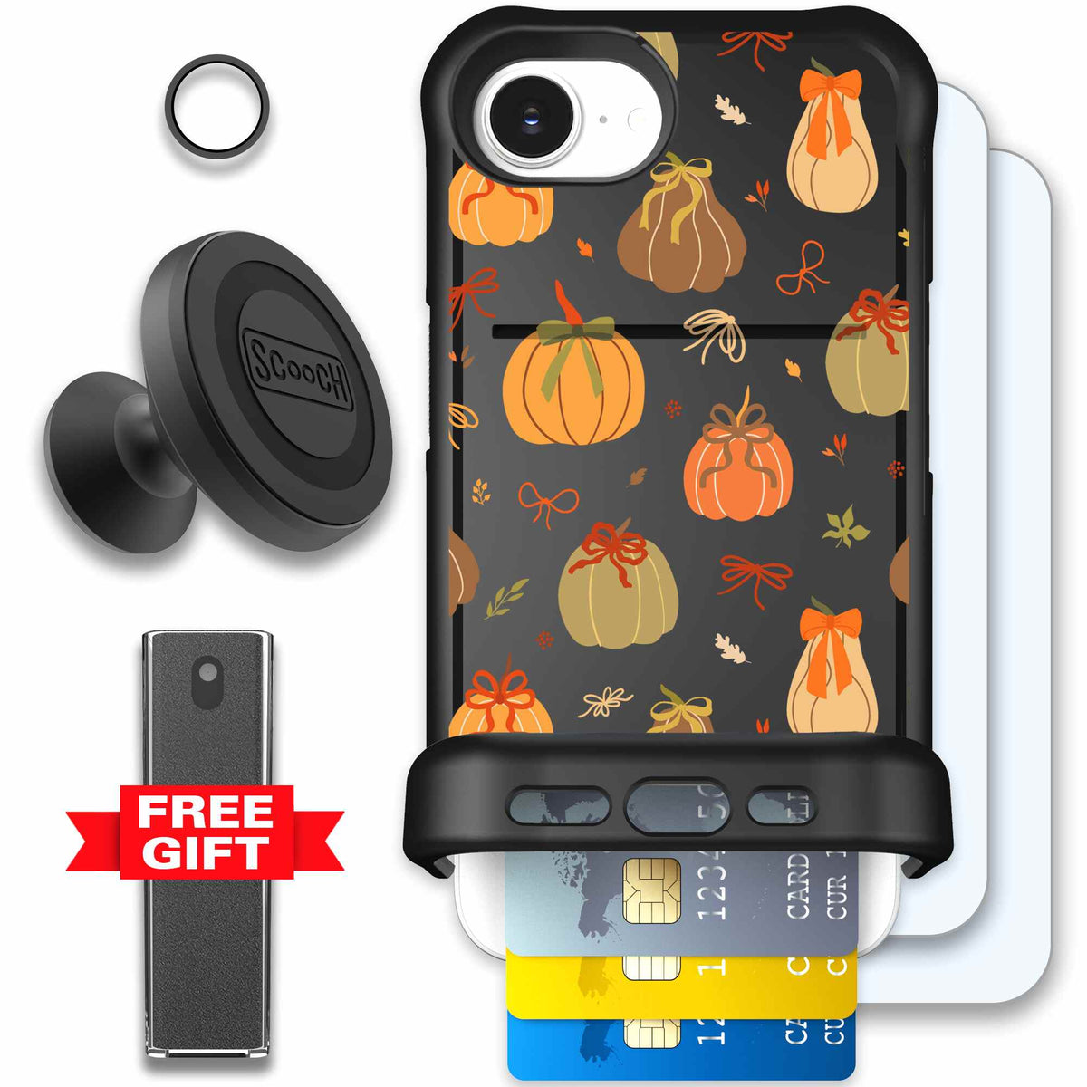 Pretty Pumpkins orange pumpkin and bow pattern on a scoochzza Wingmate case for iPhone 17e - Defender Bundle
