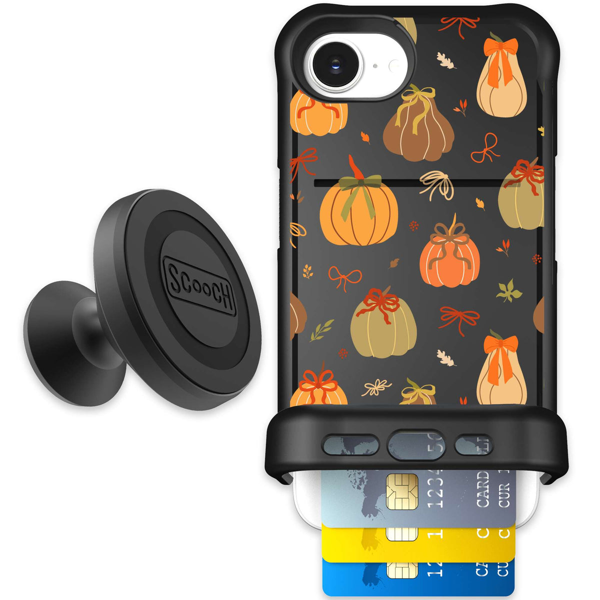 Pretty Pumpkins orange pumpkin and bow pattern on a scoochzza Wingmate case for iPhone 17e - Starter Bundle