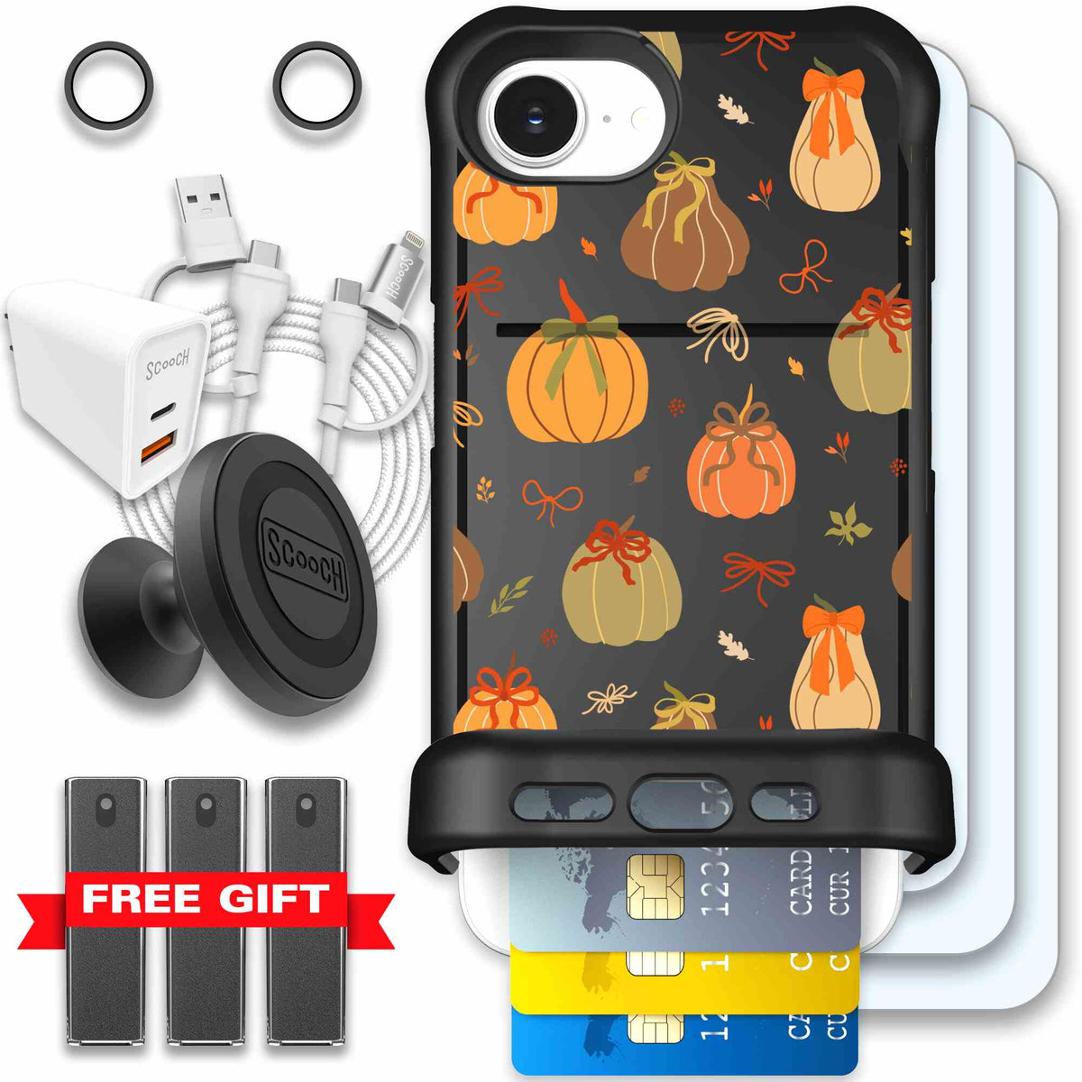 Pretty Pumpkins orange pumpkin and bow pattern on a scoochzza Wingmate case for iPhone 17e - Ultimate Bundle