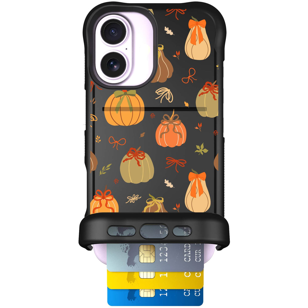 Pretty Pumpkins orange pumpkin and bow pattern on a scoochzza Wingmate case for iPhone 17