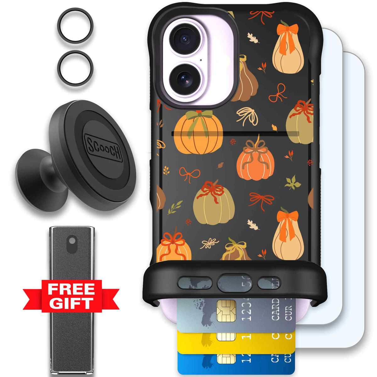 Pretty Pumpkins orange pumpkin and bow pattern on a scoochzza Wingmate case for iPhone 17 - Defender Bundle