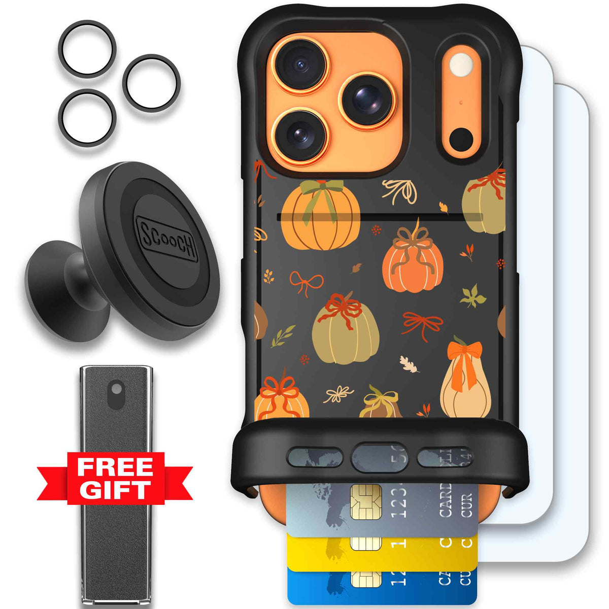 Pretty Pumpkins orange pumpkin and bow pattern on a scoochzza Wingmate case for iPhone 17 Pro - Defender Bundle