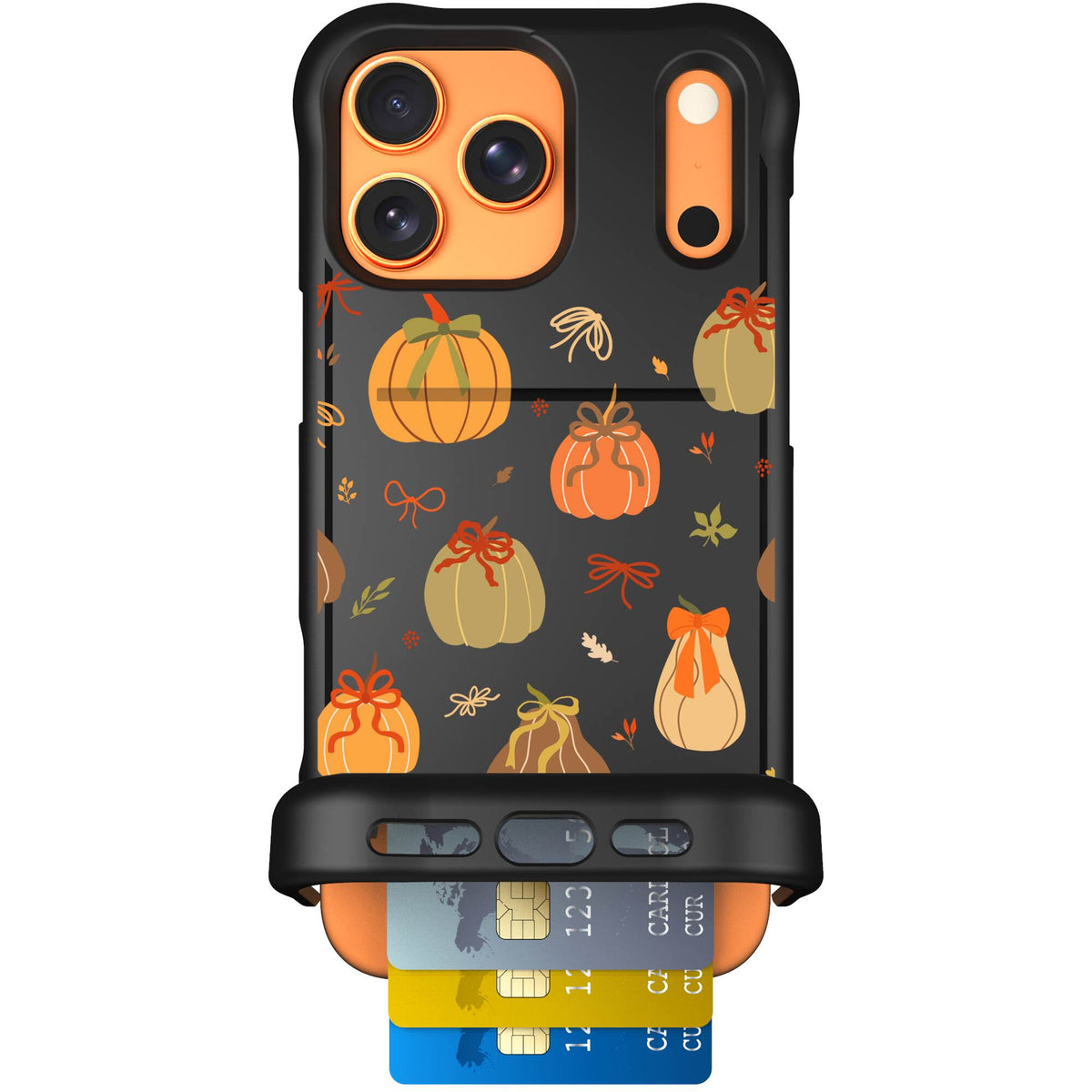 Pretty Pumpkins orange pumpkin and bow pattern on a scoochzza Wingmate case for iPhone 17 Pro Max