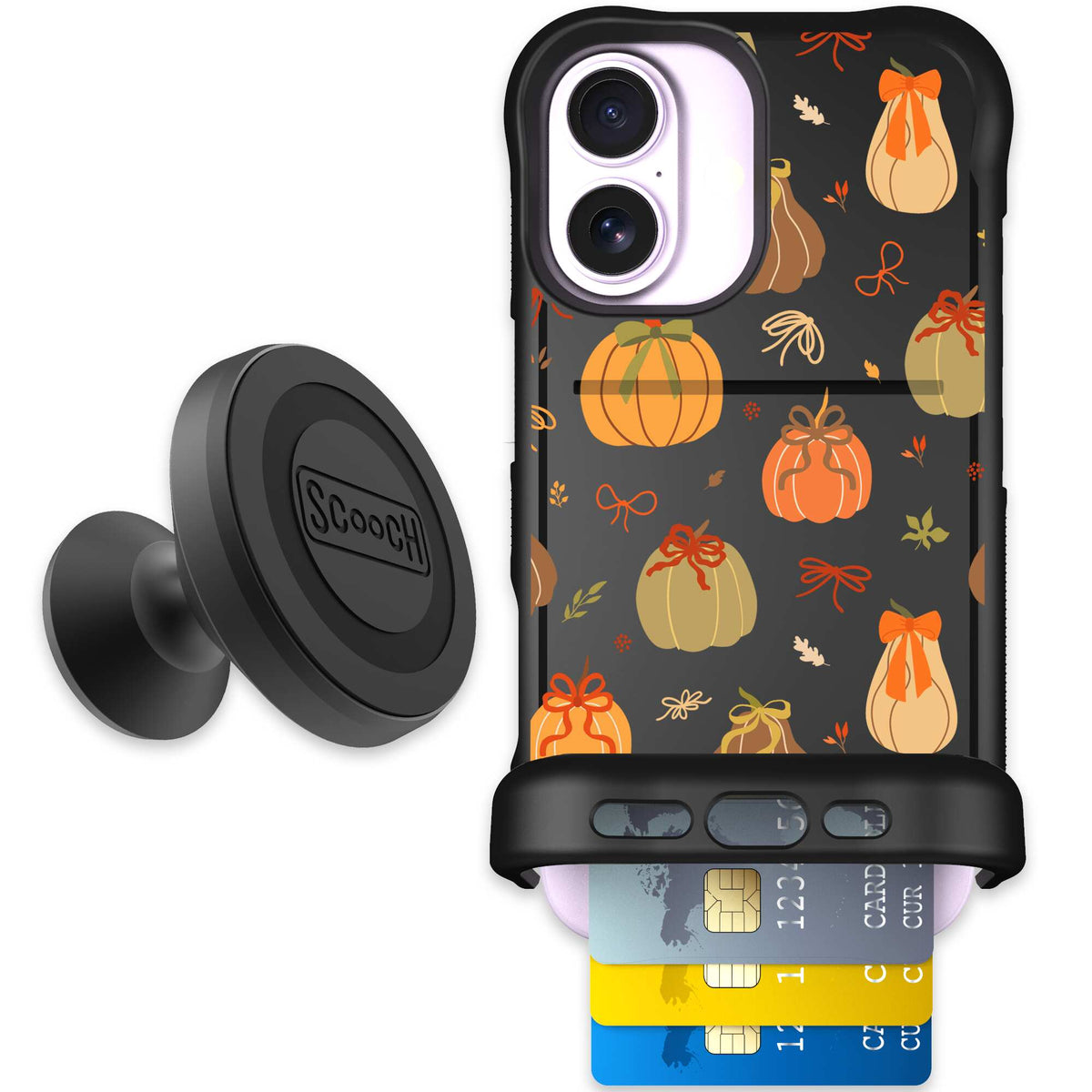 Pretty Pumpkins orange pumpkin and bow pattern on a scoochzza Wingmate case for iPhone 17 - Starter Bundle