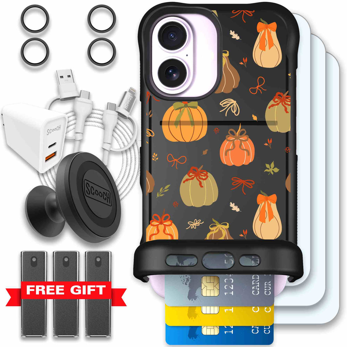 Pretty Pumpkins orange pumpkin and bow pattern on a scoochzza Wingmate case for iPhone 17 - Ultimate Bundle