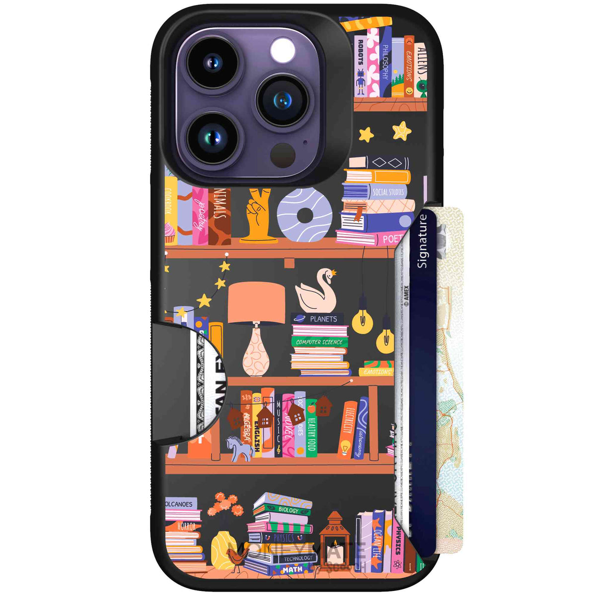 Little Library colorful book and bookshelf pattern on a scoochzza Moneymate case for iPhone 14 Pro