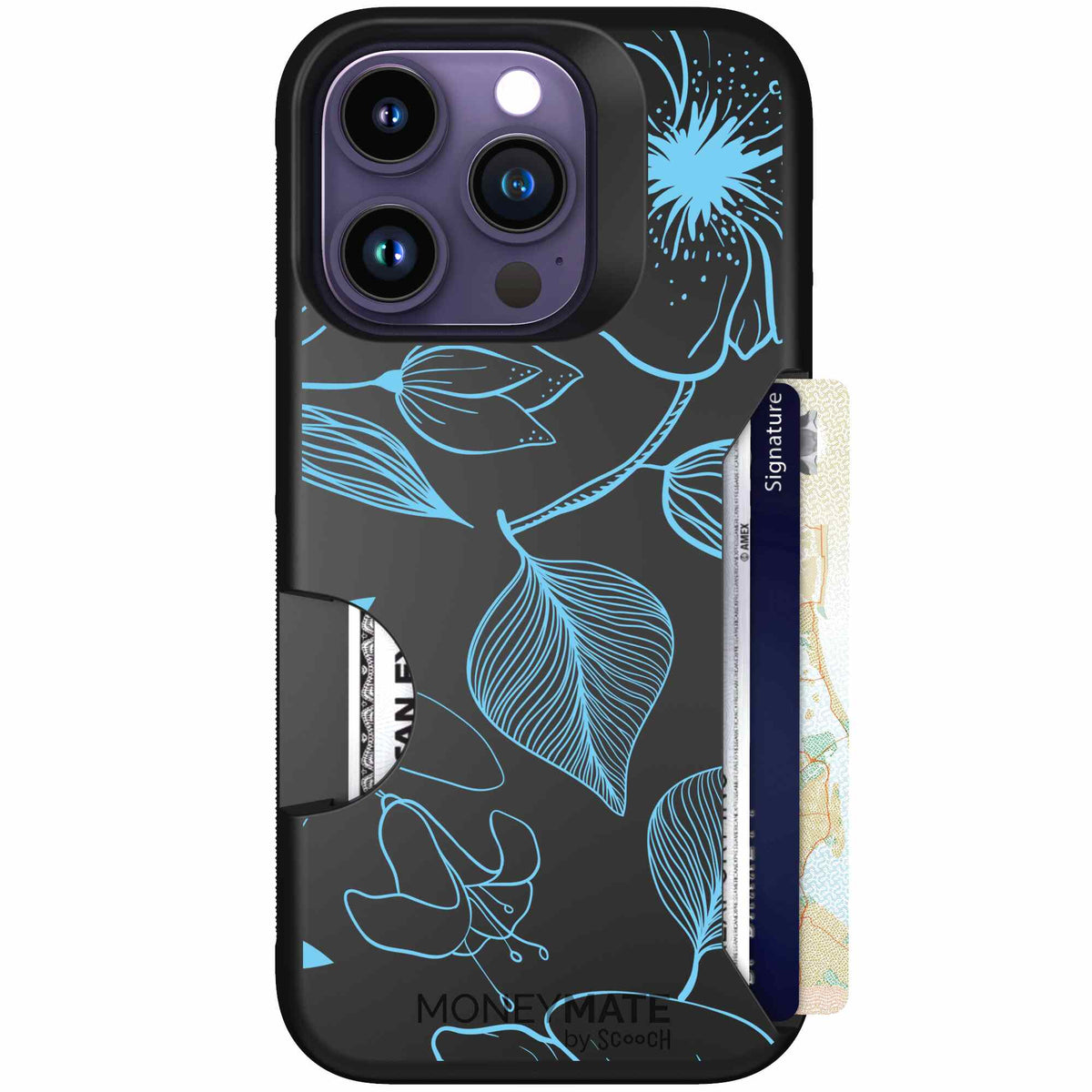Blue Hibiscus cyan-blue tropical flower pattern on a charcoal scoochzza Moneymate case for iPhone 14 Pro
