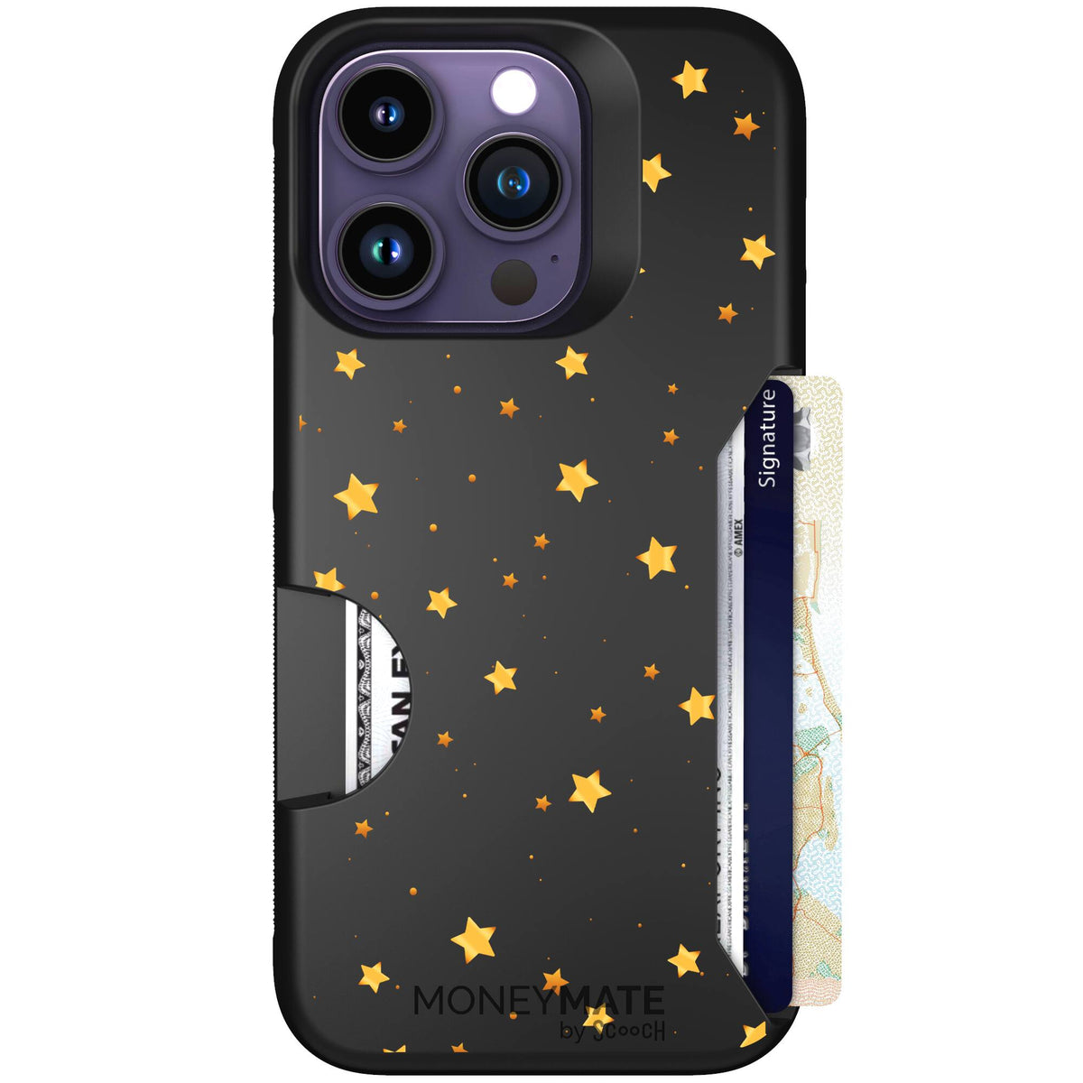 Gold Stars yellow and gold star pattern on a charcoal scoochzza Moneymate case for iPhone 14 Pro