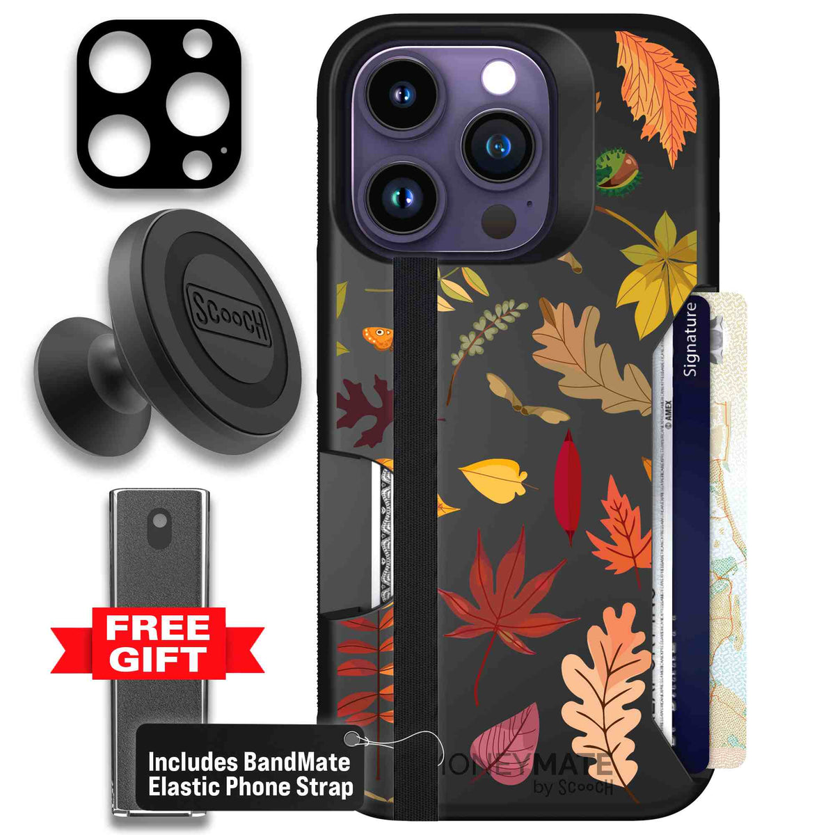 Autumn Leaves multicolored fall foliage pattern on a charcoal scoochzza Moneymate case for iPhone 14 Pro - Defender Bundle