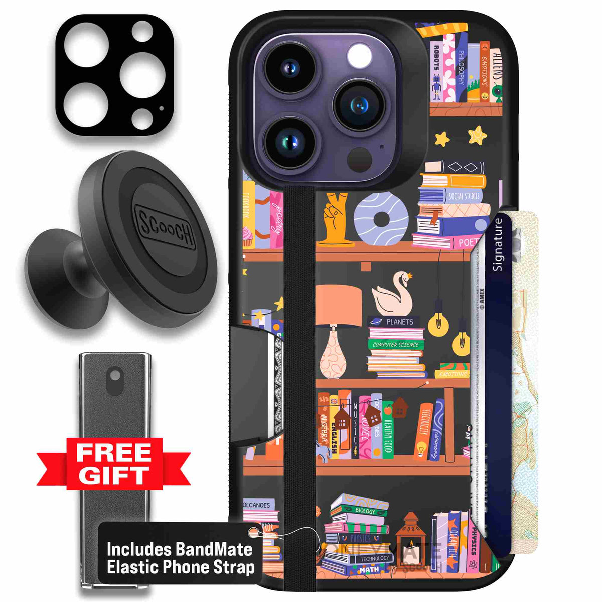 Little Library colorful book and bookshelf pattern on a scoochzza Moneymate case for iPhone 14 Pro - Defender Bundle
