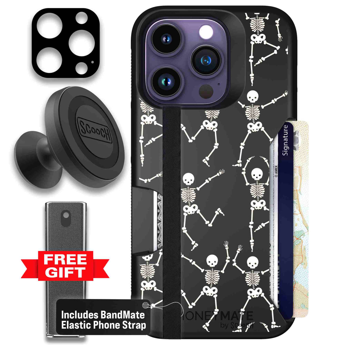 Swinging Skeletons white dancing skeleton pattern on a black scoochzza Moneymate case for iPhone 14 Pro - Defender Bundle