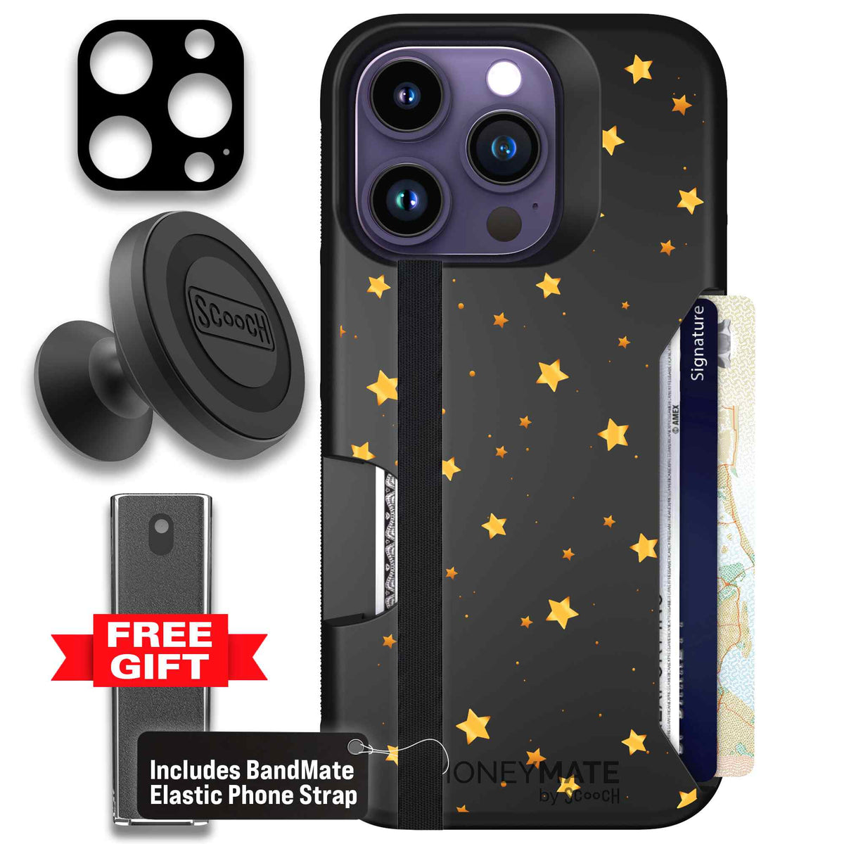 Gold Stars yellow and gold star pattern on a charcoal scoochzza Moneymate case for iPhone 14 Pro - Defender Bundle