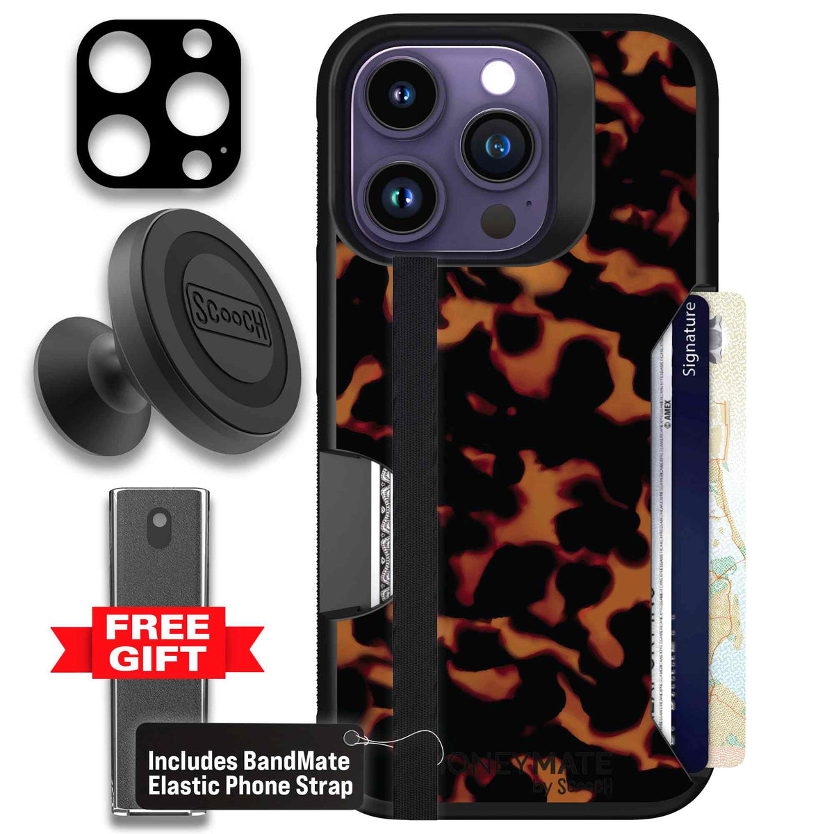 Tortoise Shell amber brown and black mottled pattern on a scoochzza Moneymate case for iPhone 14 Pro - Defender Bundle