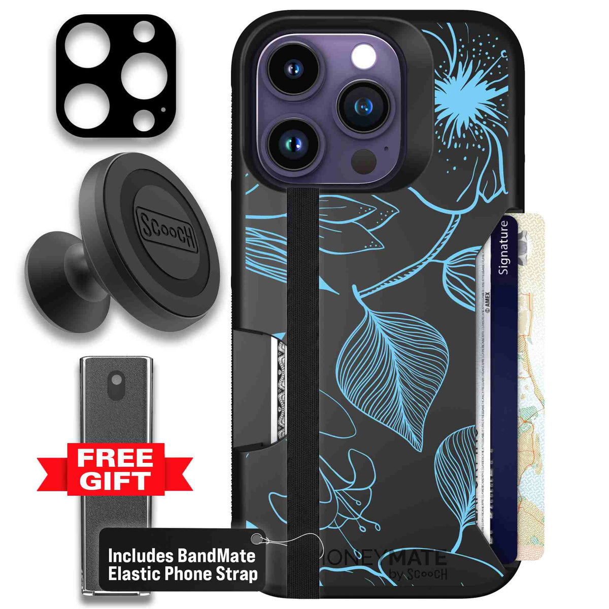 Blue Hibiscus cyan-blue tropical flower pattern on a charcoal scoochzza Moneymate case for iPhone 14 Pro - Defender Bundle