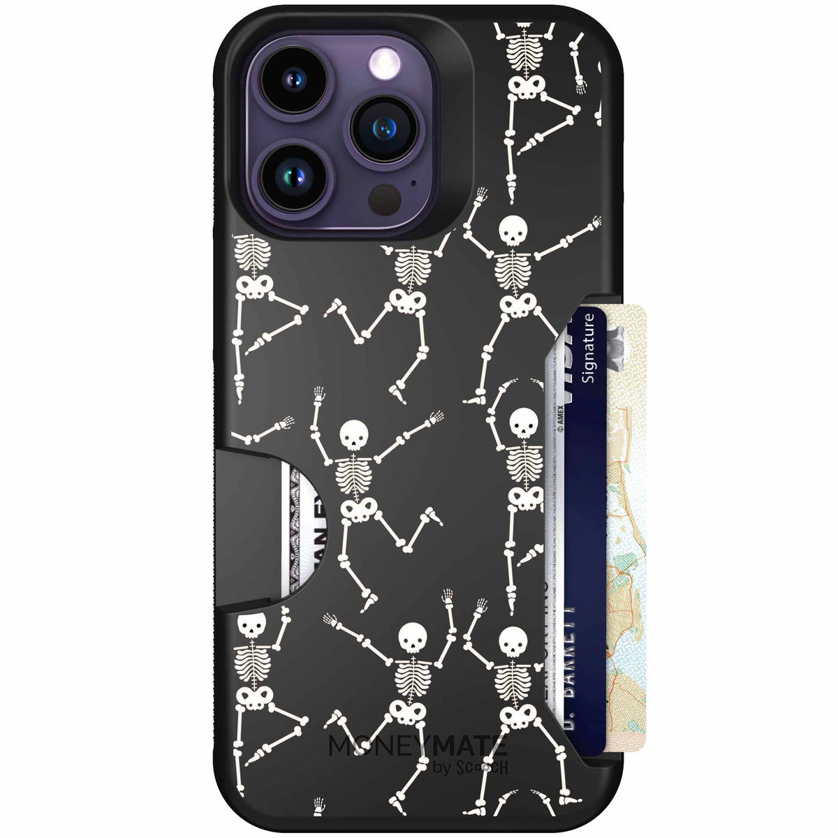 Swinging Skeletons white dancing skeleton pattern on a black scoochzza Moneymate case for iPhone 14 Pro Max