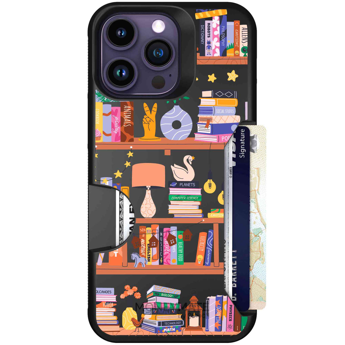 Little Library colorful book and bookshelf pattern on a scoochzza Moneymate case for iPhone 14 Pro Max