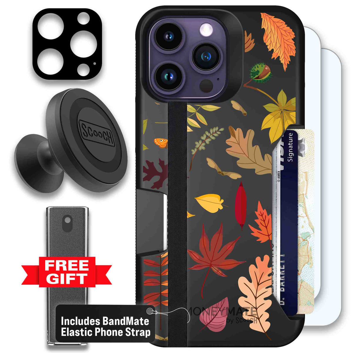 Autumn Leaves multicolored fall foliage pattern on a charcoal scoochzza Moneymate case for iPhone 14 Pro Max - Defender Bundle