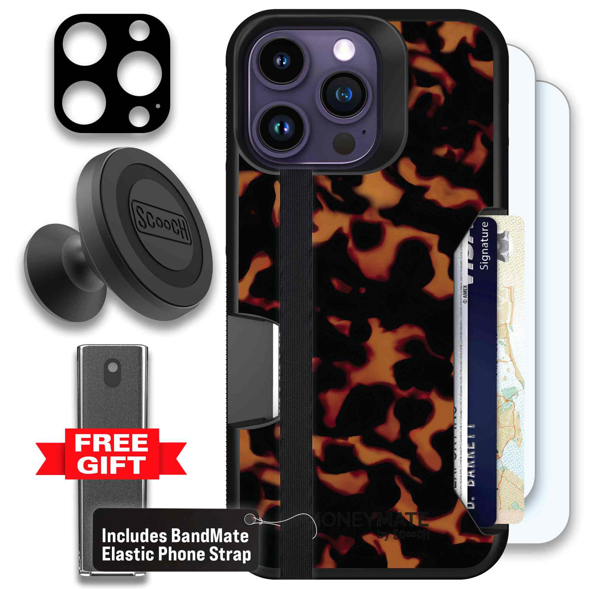 Tortoise Shell amber brown and black mottled pattern on a scoochzza Moneymate case for iPhone 14 Pro Max - Defender Bundle
