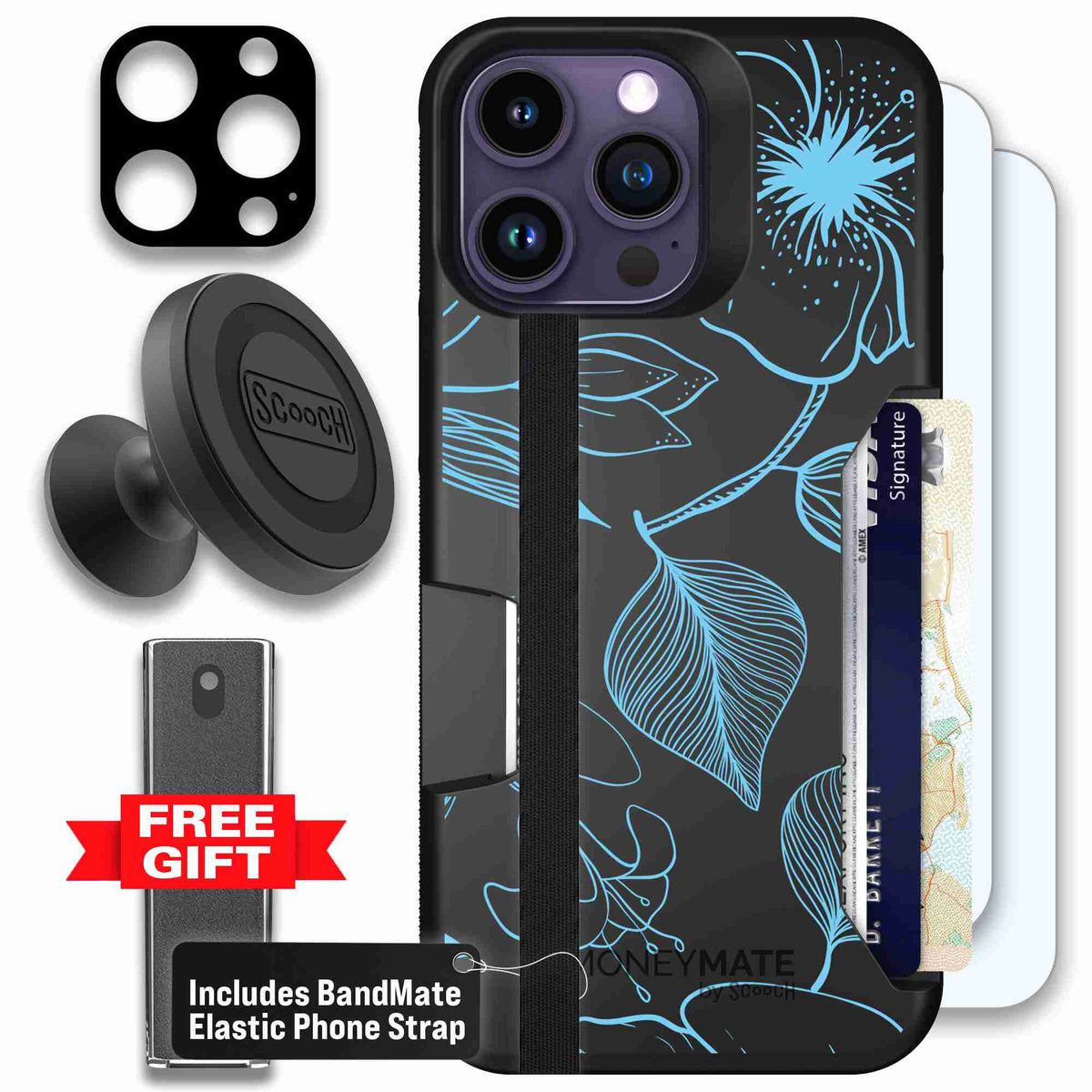 Blue Hibiscus cyan-blue tropical flower pattern on a charcoal scoochzza Moneymate case for iPhone 14 Pro Max - Defender Bundle