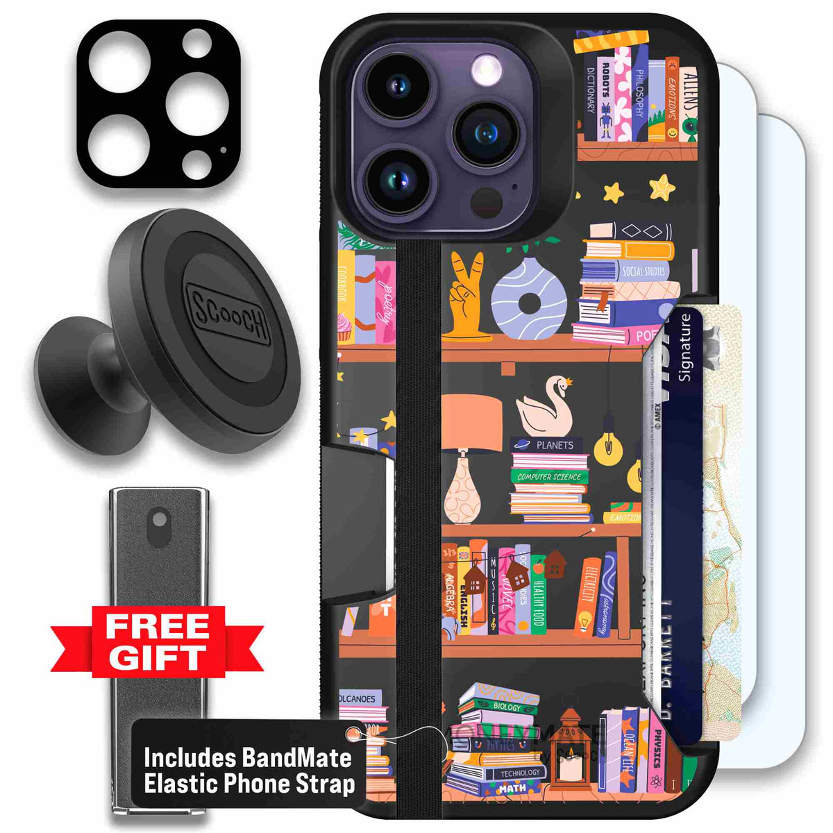 Little Library colorful book and bookshelf pattern on a scoochzza Moneymate case for iPhone 14 Pro Max - Defender Bundle