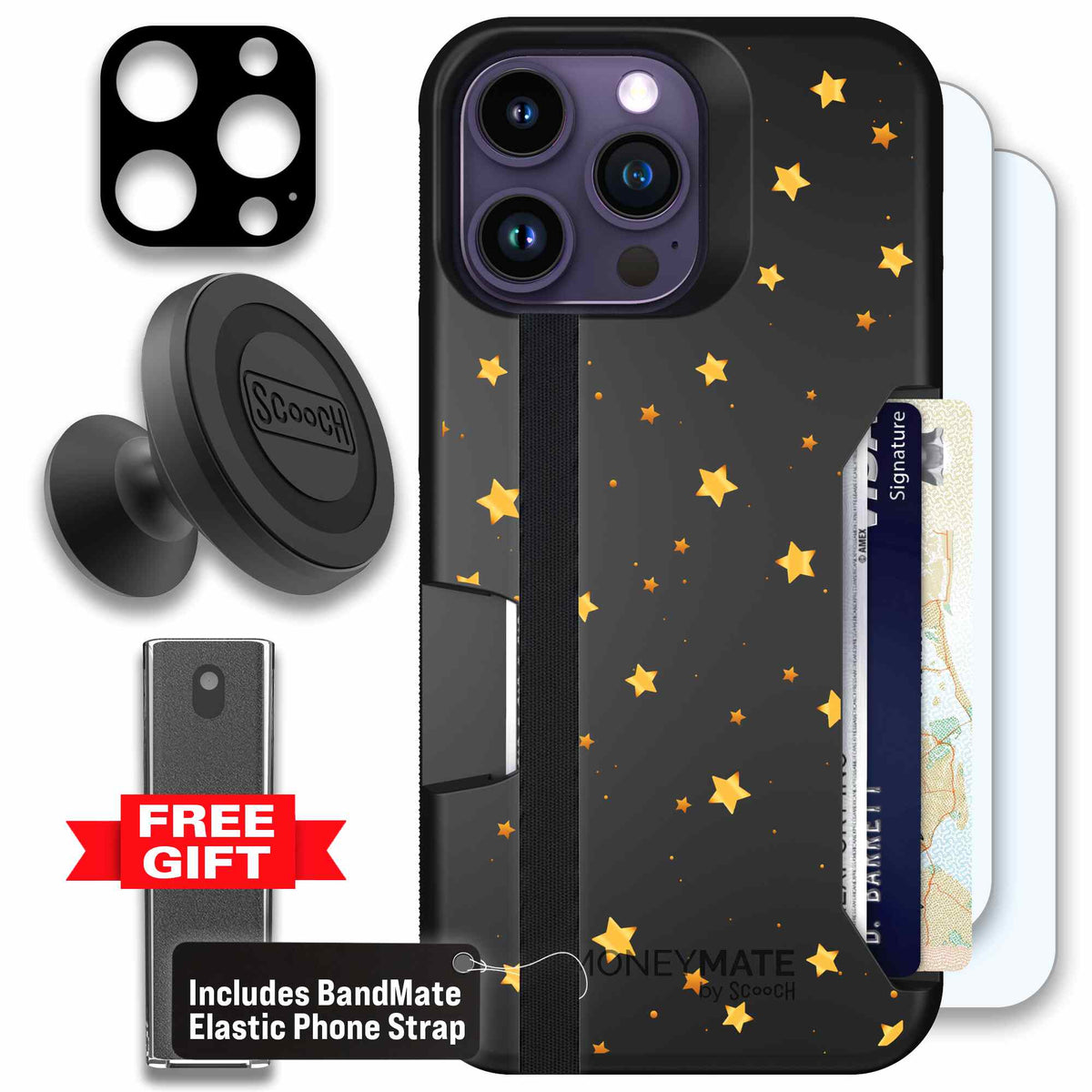 Gold Stars yellow and gold star pattern on a charcoal scoochzza Moneymate case for iPhone 14 Pro Max - Defender Bundle