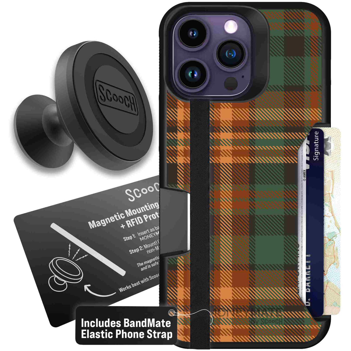 Fall Flannel orange and brown plaid pattern on a scoochzza Moneymate case for iPhone 14 Pro Max - Starter Bundle