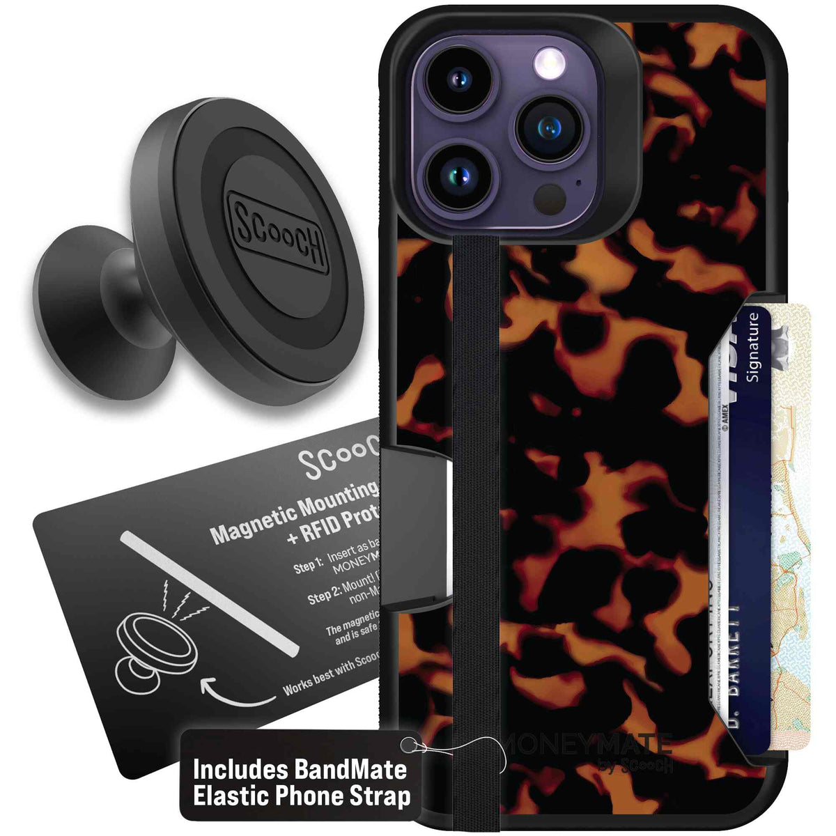 Tortoise Shell amber brown and black mottled pattern on a scoochzza Moneymate case for iPhone 14 Pro Max - Starter Bundle