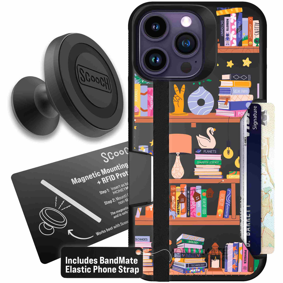 Little Library colorful book and bookshelf pattern on a scoochzza Moneymate case for iPhone 14 Pro Max - Starter Bundle