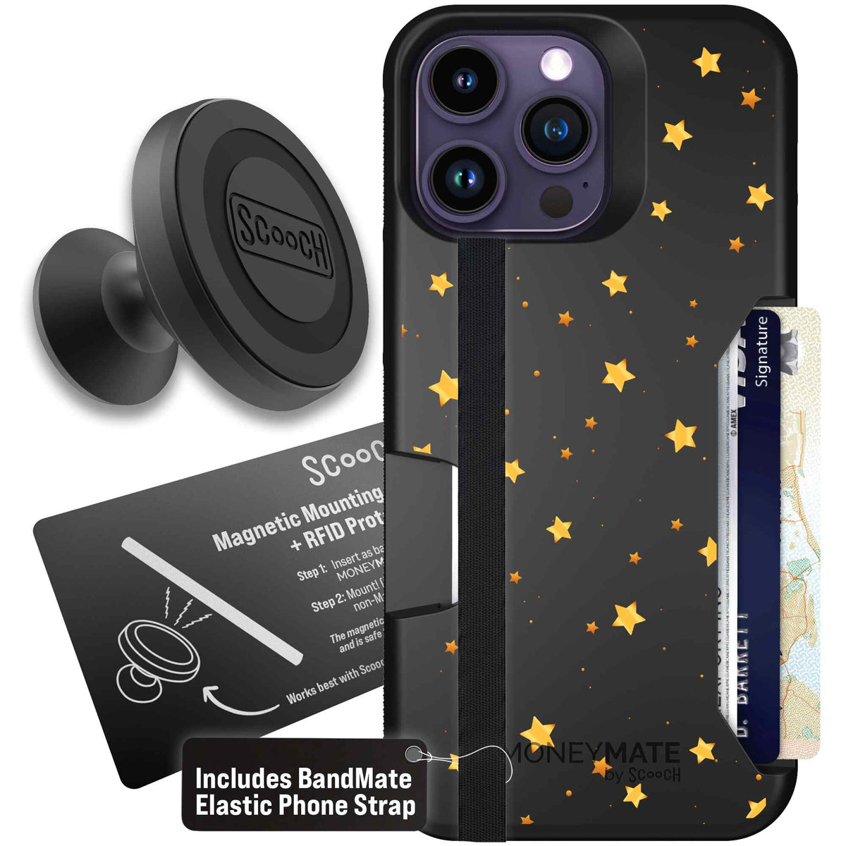Gold Stars yellow and gold star pattern on a charcoal scoochzza Moneymate case for iPhone 14 Pro Max - Starter Bundle