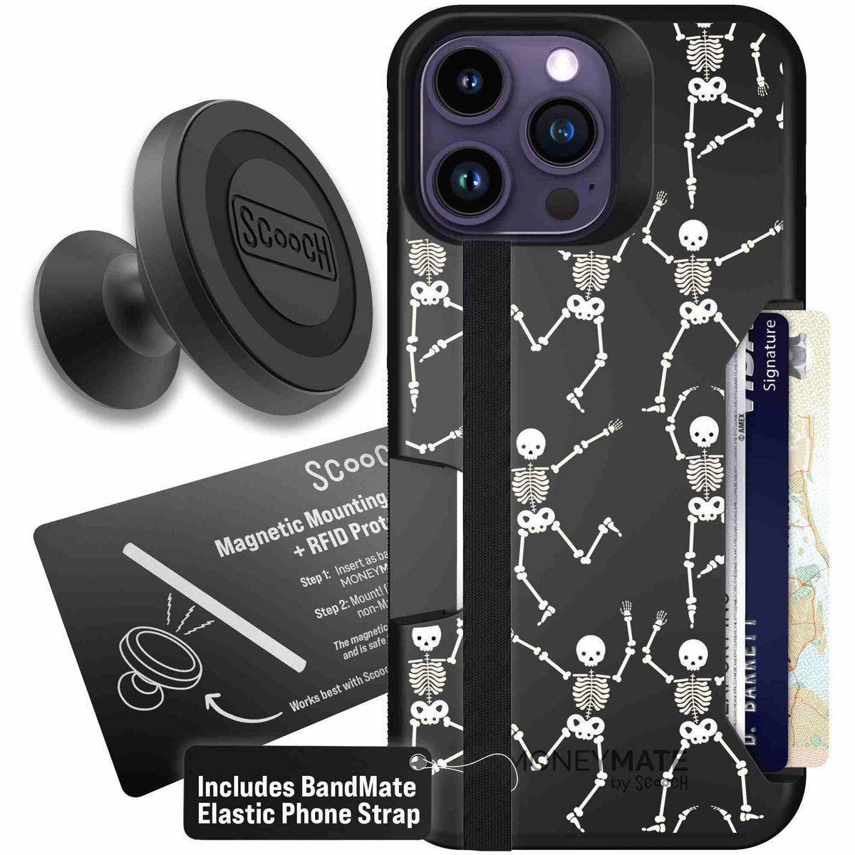 Swinging Skeletons white dancing skeleton pattern on a black scoochzza Moneymate case for iPhone 14 Pro Max - Starter Bundle
