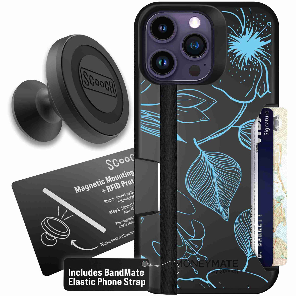 Blue Hibiscus cyan-blue tropical flower pattern on a charcoal scoochzza Moneymate case for iPhone 14 Pro Max - Starter Bundle