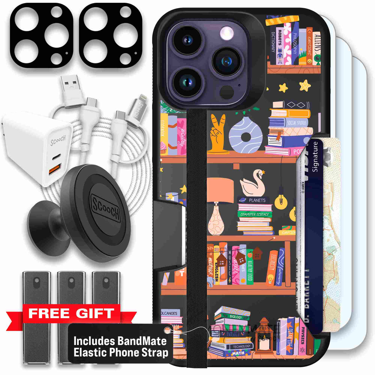 Little Library colorful book and bookshelf pattern on a scoochzza Moneymate case for iPhone 14 Pro Max - Ultimate Bundle