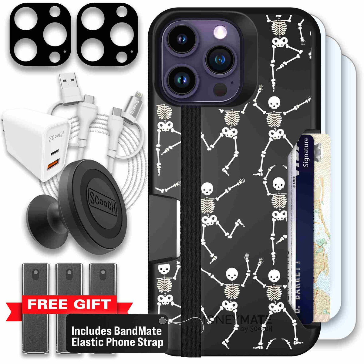 Swinging Skeletons white dancing skeleton pattern on a black scoochzza Moneymate case for iPhone 14 Pro Max - Ultimate Bundle