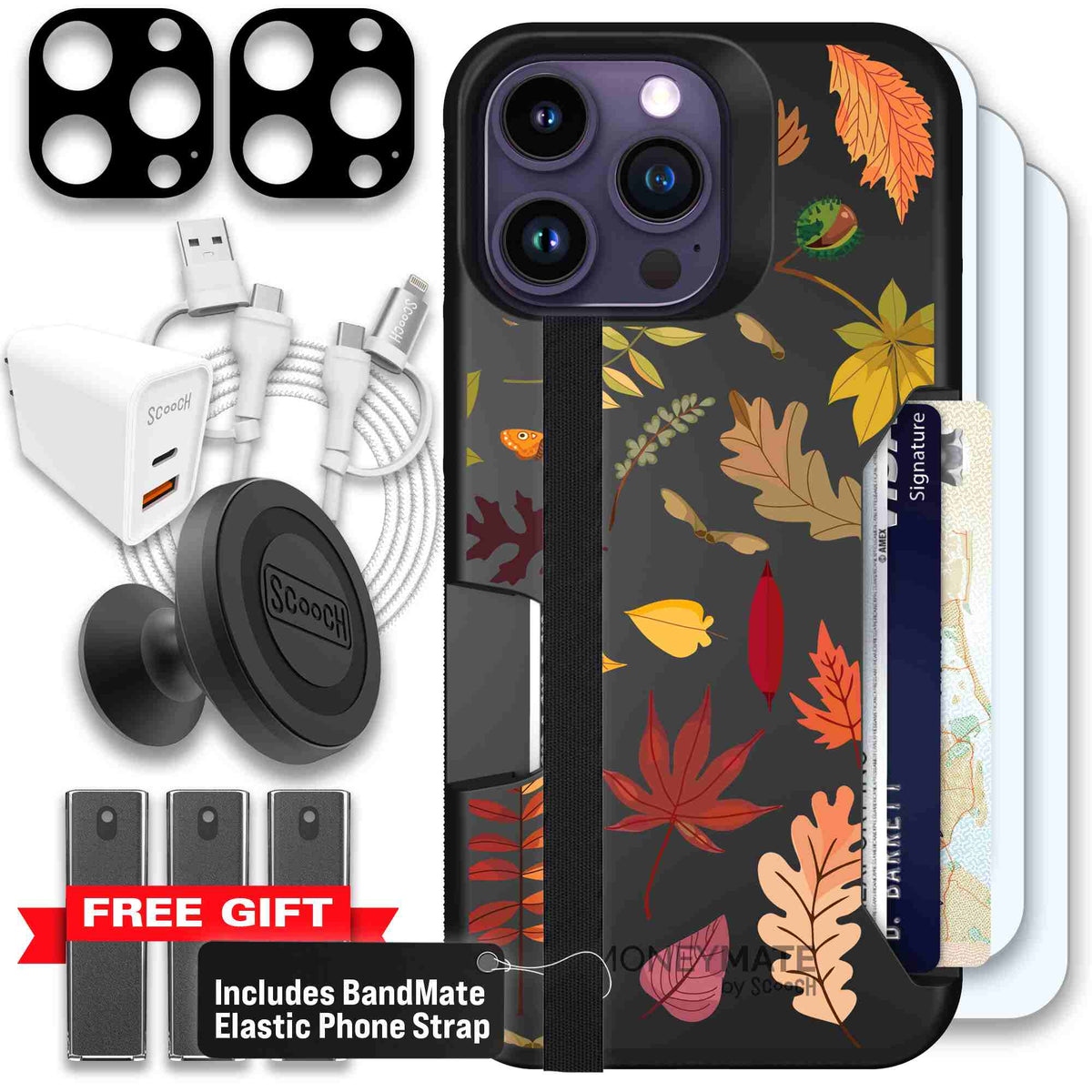 Autumn Leaves multicolored fall foliage pattern on a charcoal scoochzza Moneymate case for iPhone 14 Pro Max - Ultimate Bundle