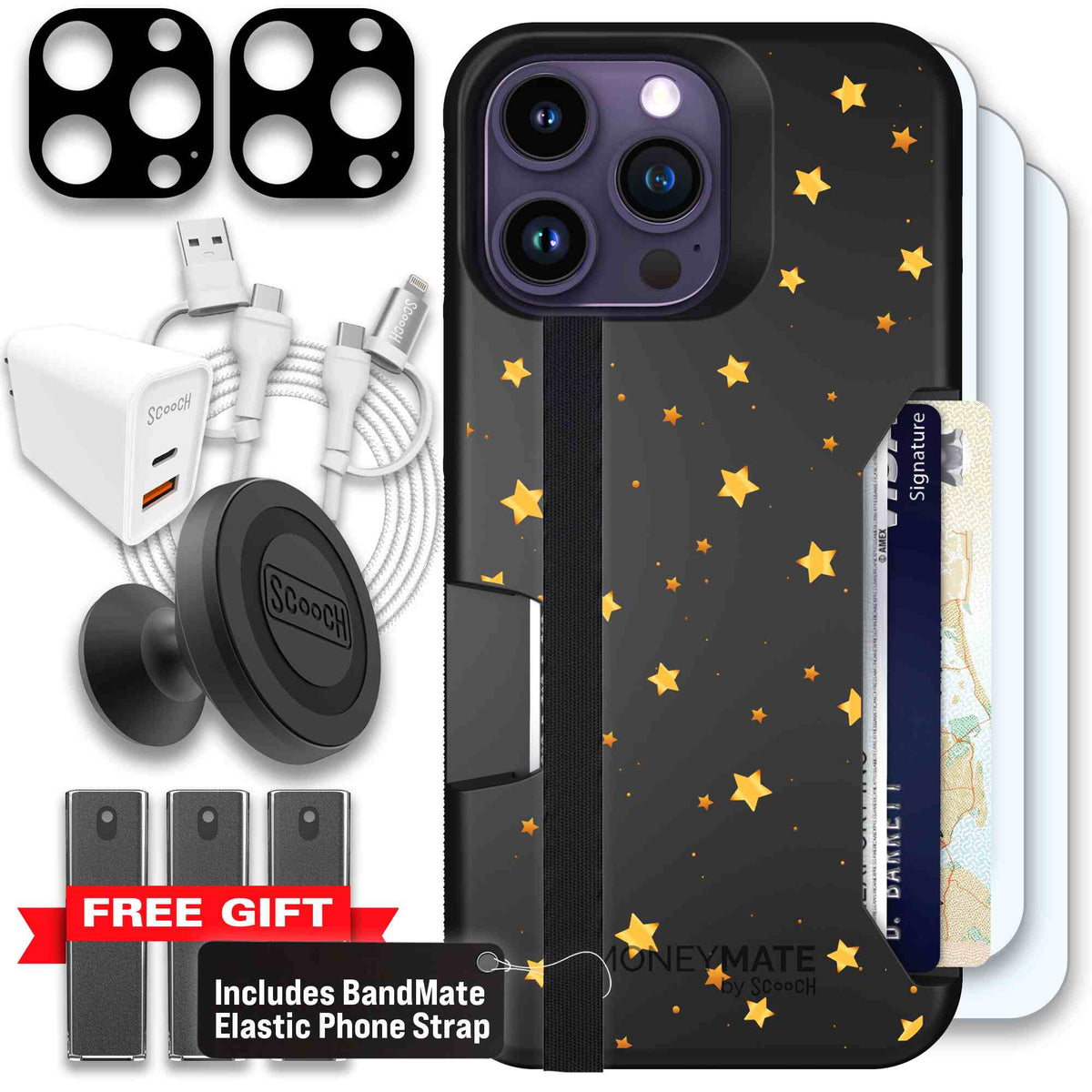 Gold Stars yellow and gold star pattern on a charcoal scoochzza Moneymate case for iPhone 14 Pro Max - Ultimate Bundle