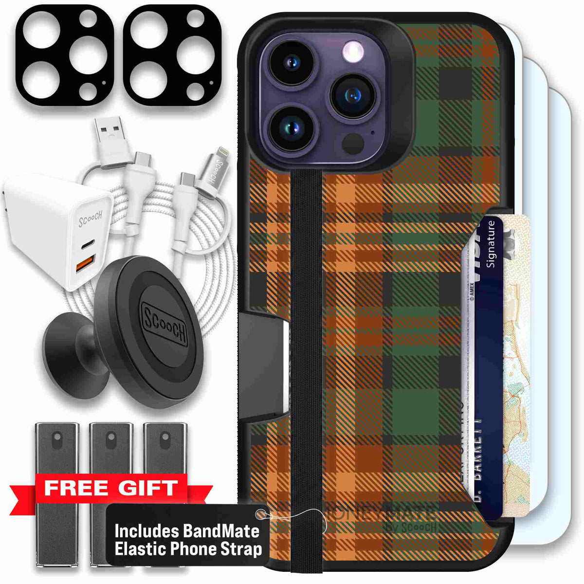 Fall Flannel orange and brown plaid pattern on a scoochzza Moneymate case for iPhone 14 Pro Max - Ultimate Bundle