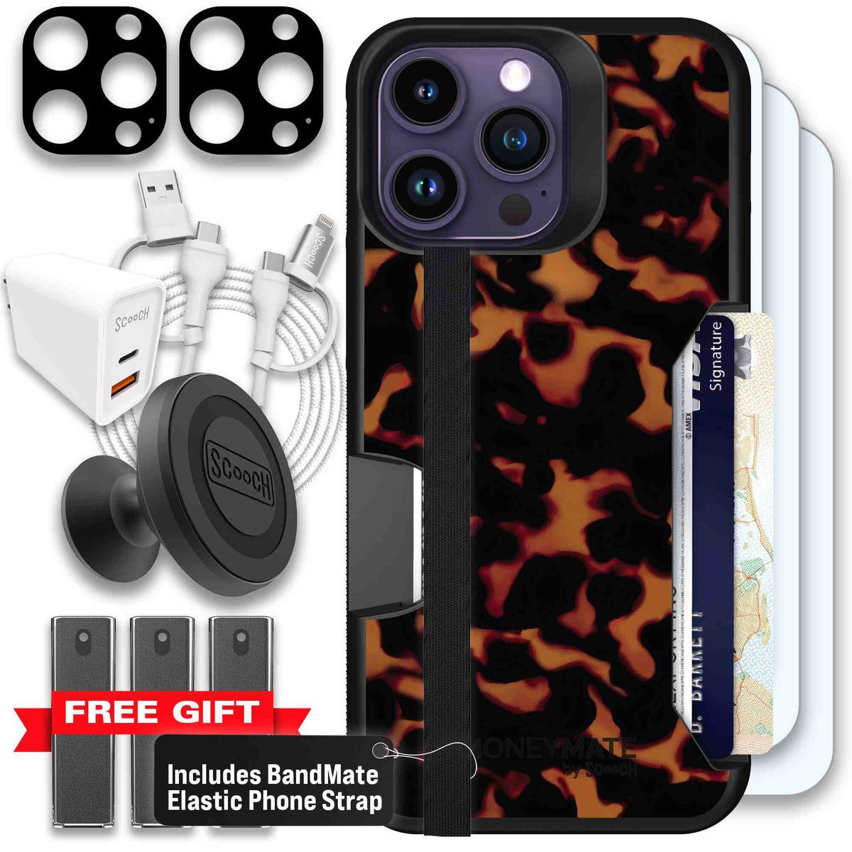 Tortoise Shell amber brown and black mottled pattern on a scoochzza Moneymate case for iPhone 14 Pro Max - Ultimate Bundle