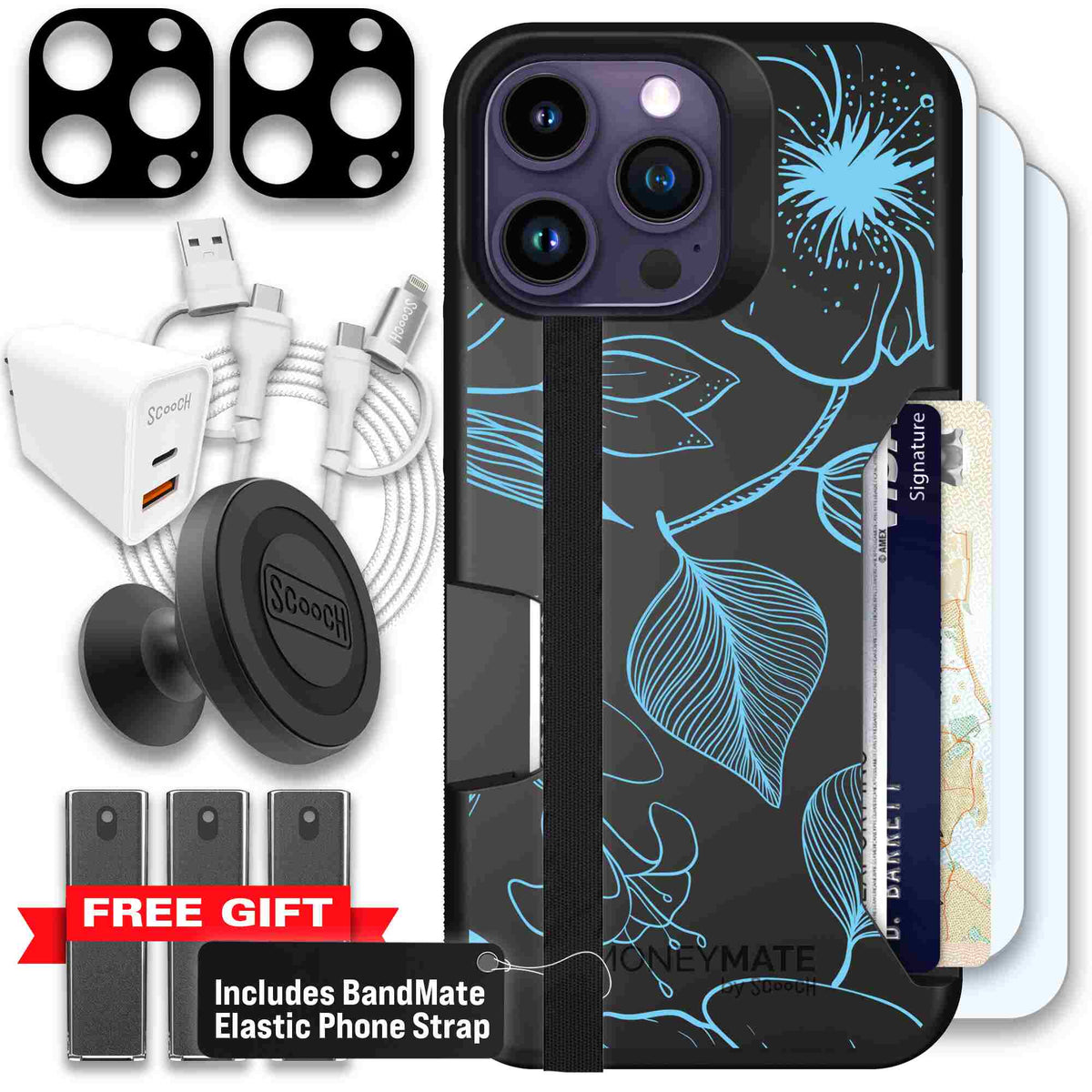 Blue Hibiscus cyan-blue tropical flower pattern on a charcoal scoochzza Moneymate case for iPhone 14 Pro Max - Ultimate Bundle
