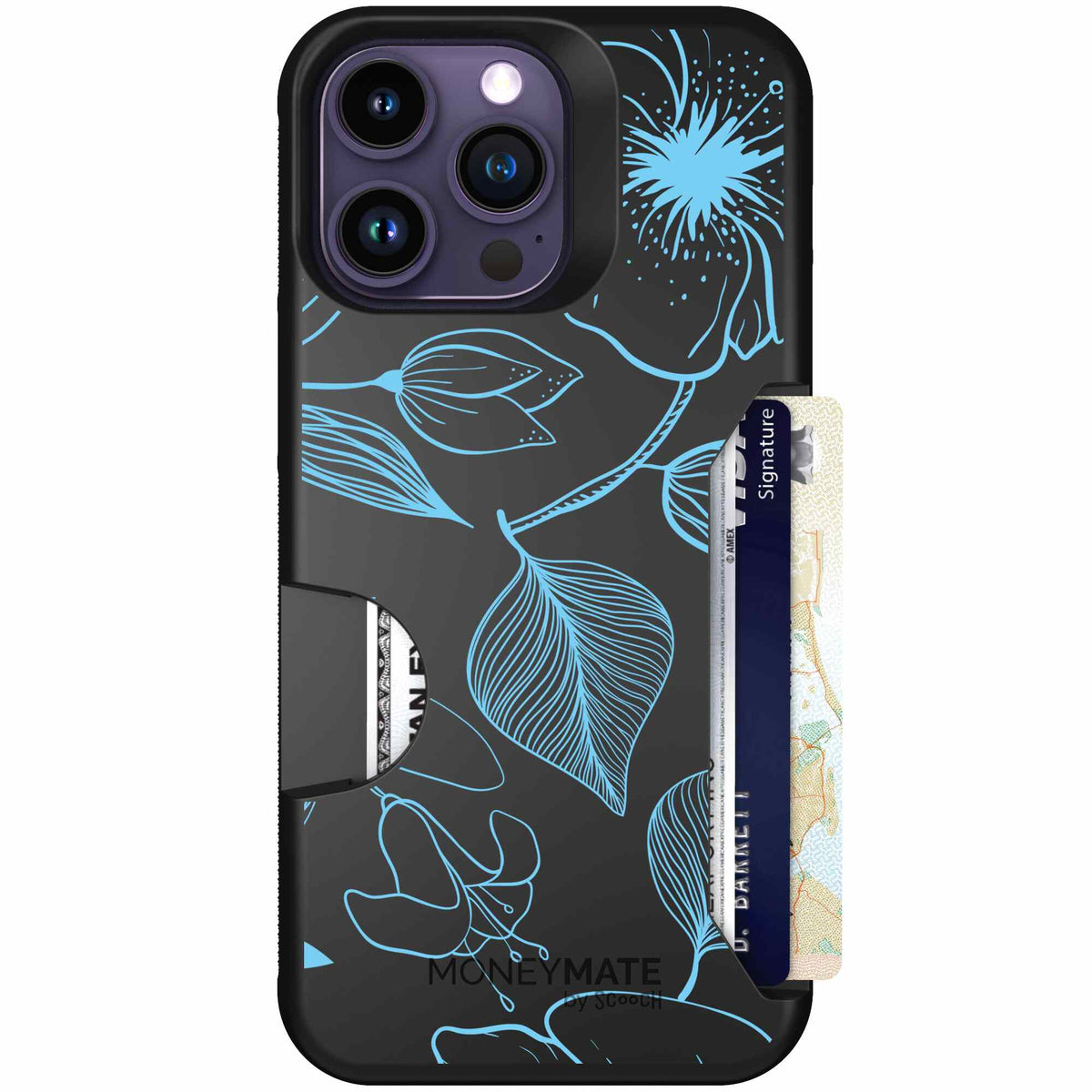 Blue Hibiscus cyan-blue tropical flower pattern on a charcoal scoochzza Moneymate case for iPhone 14 Pro Max