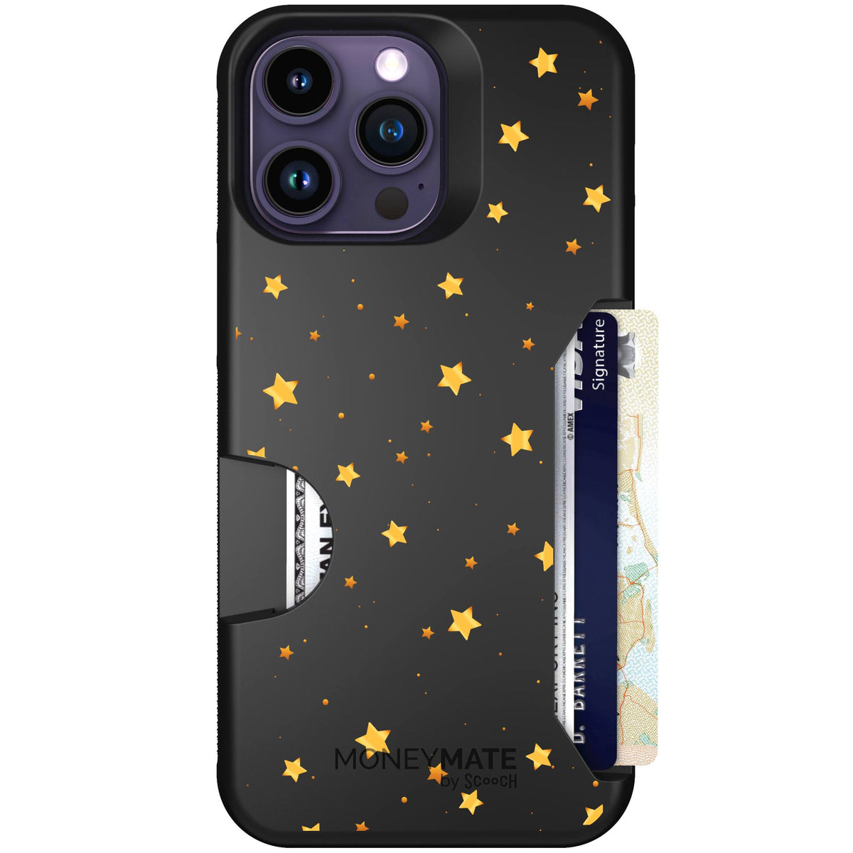 Gold Stars yellow and gold star pattern on a charcoal scoochzza Moneymate case for iPhone 14 Pro Max