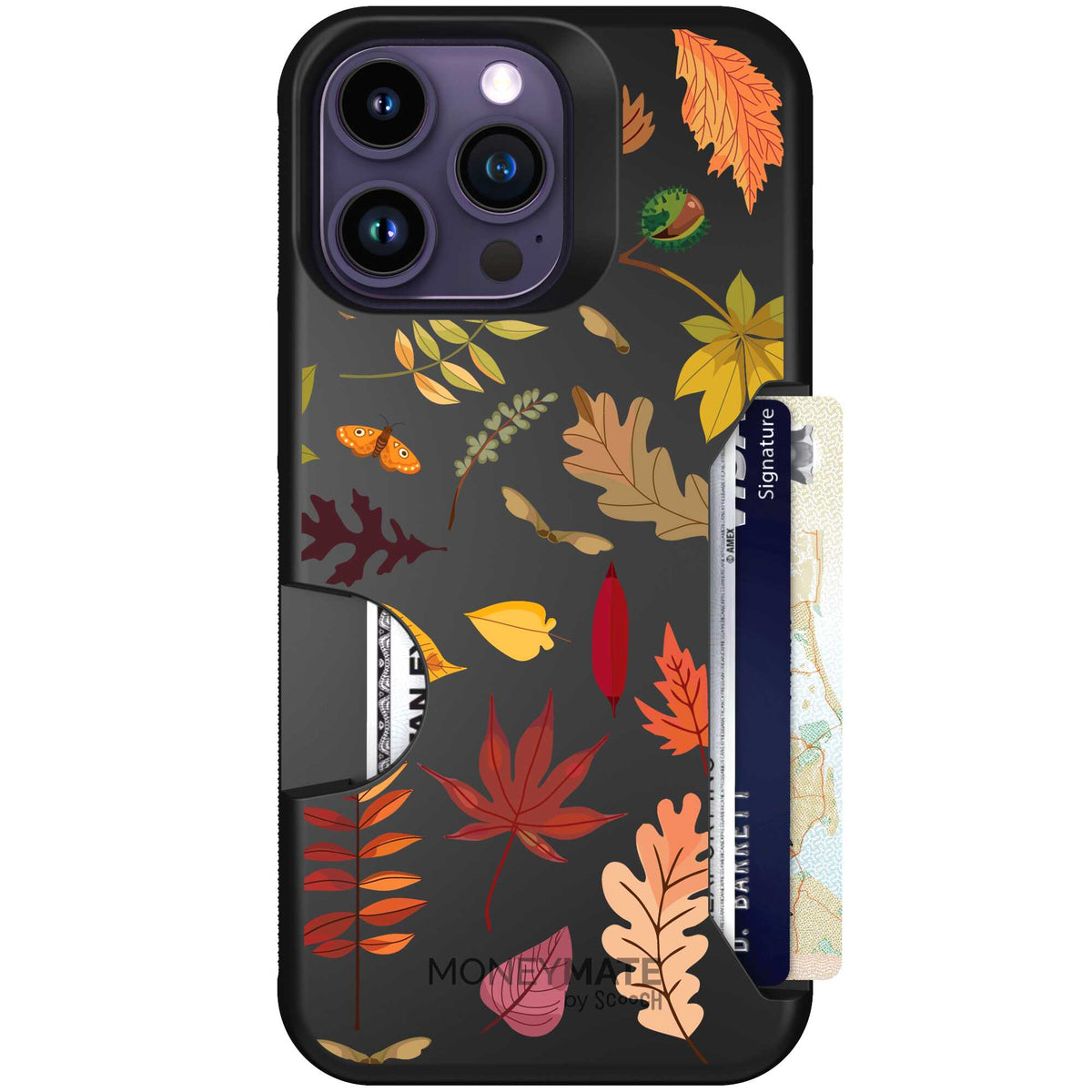 Autumn Leaves multicolored fall foliage pattern on a charcoal scoochzza Moneymate case for iPhone 14 Pro Max