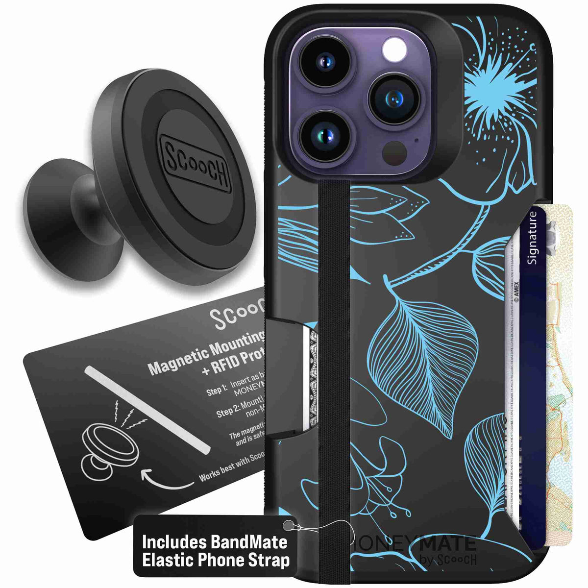 Blue Hibiscus cyan-blue tropical flower pattern on a charcoal scoochzza Moneymate case for iPhone 14 Pro - Starter Bundle