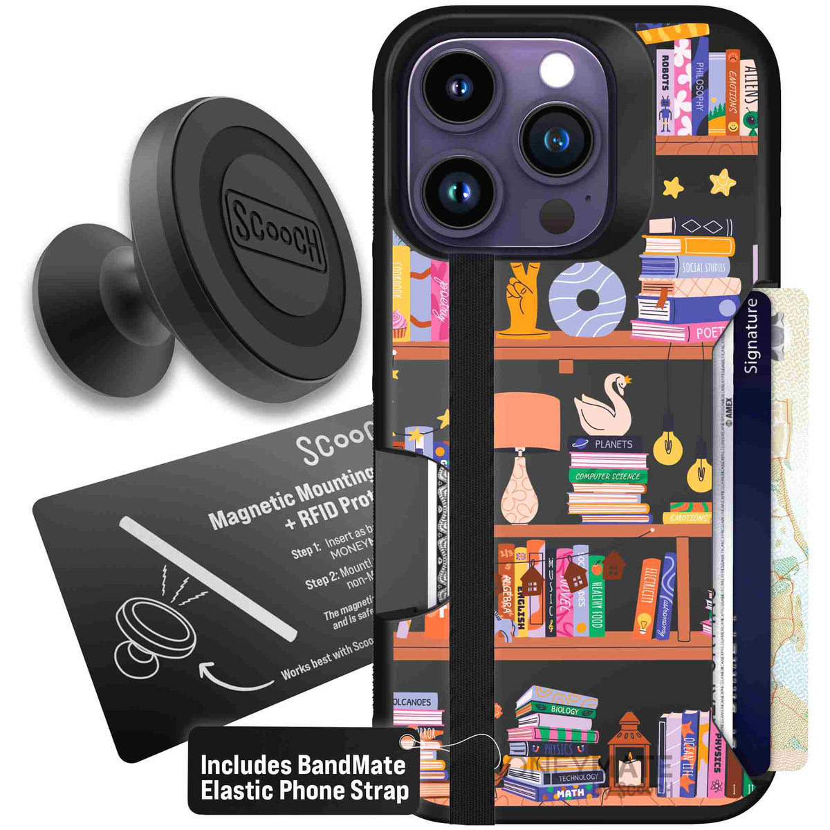 Little Library colorful book and bookshelf pattern on a scoochzza Moneymate case for iPhone 14 Pro - Starter Bundle