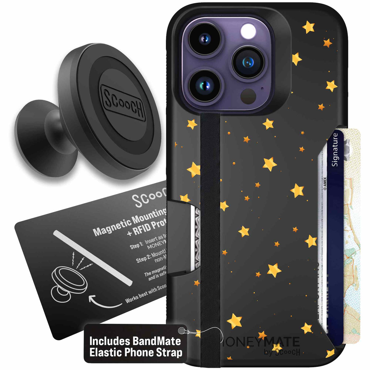 Gold Stars yellow and gold star pattern on a charcoal scoochzza Moneymate case for iPhone 14 Pro - Starter Bundle