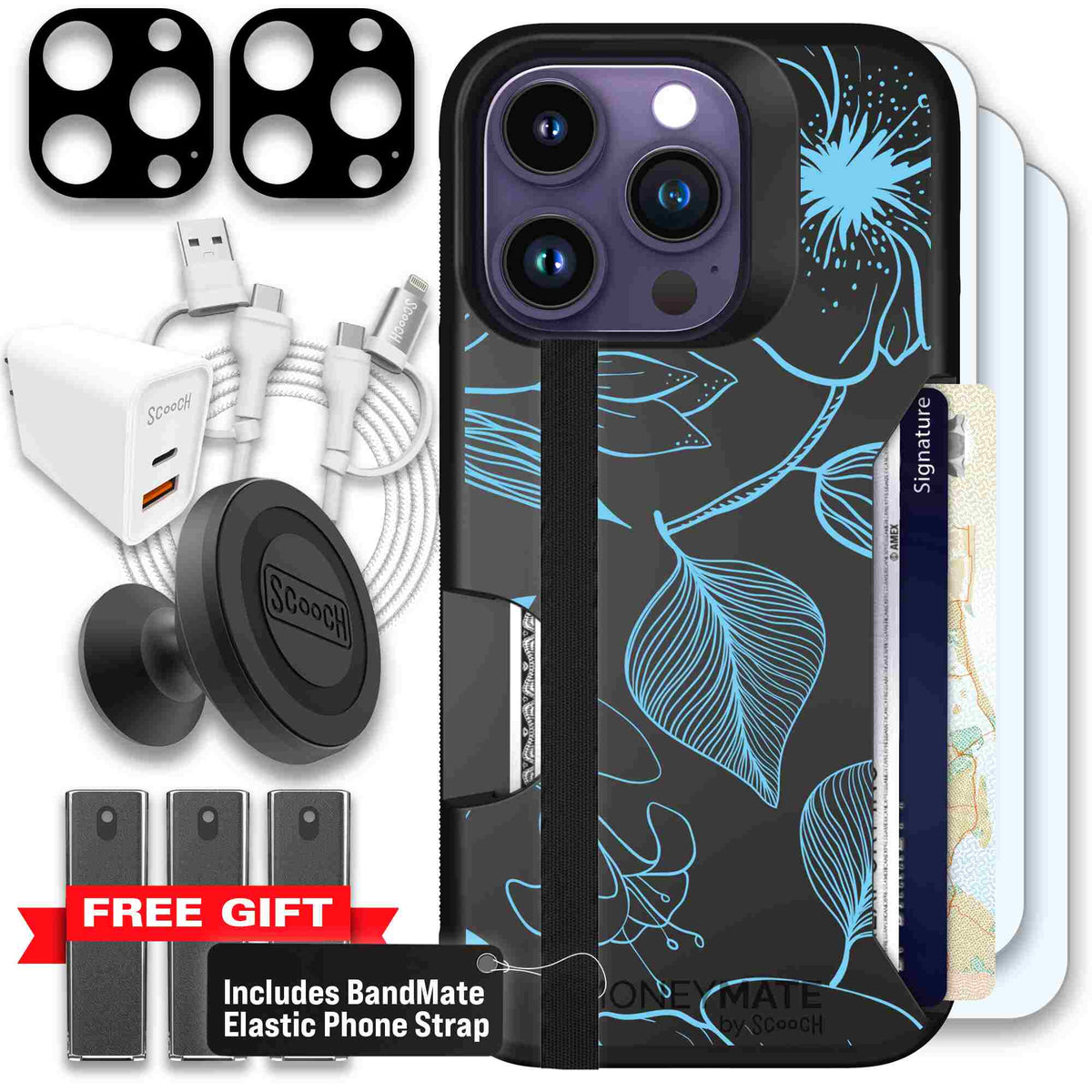Blue Hibiscus cyan-blue tropical flower pattern on a charcoal scoochzza Moneymate case for iPhone 14 Pro - Ultimate Bundle