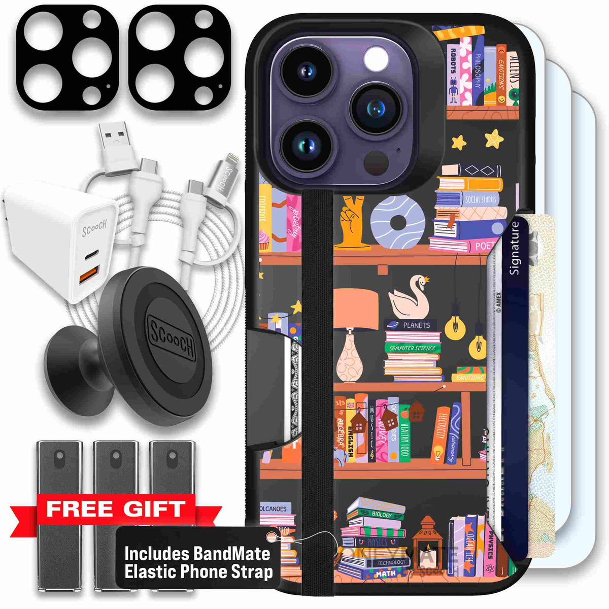 Little Library colorful book and bookshelf pattern on a scoochzza Moneymate case for iPhone 14 Pro - Ultimate Bundle
