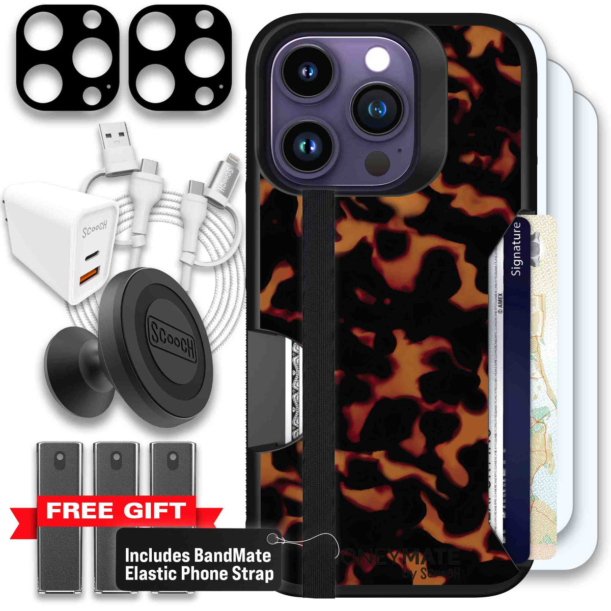Tortoise Shell amber brown and black mottled pattern on a scoochzza Moneymate case for iPhone 14 Pro - Ultimate Bundle