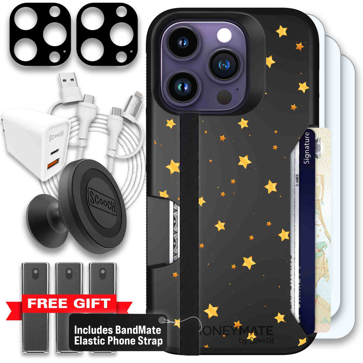 Gold Stars yellow and gold star pattern on a charcoal scoochzza Moneymate case for iPhone 14 Pro - Ultimate Bundle