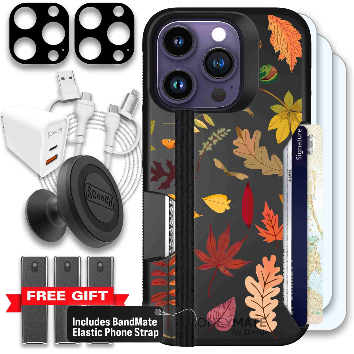 Autumn Leaves multicolored fall foliage pattern on a charcoal scoochzza Moneymate case for iPhone 14 Pro - Ultimate Bundle