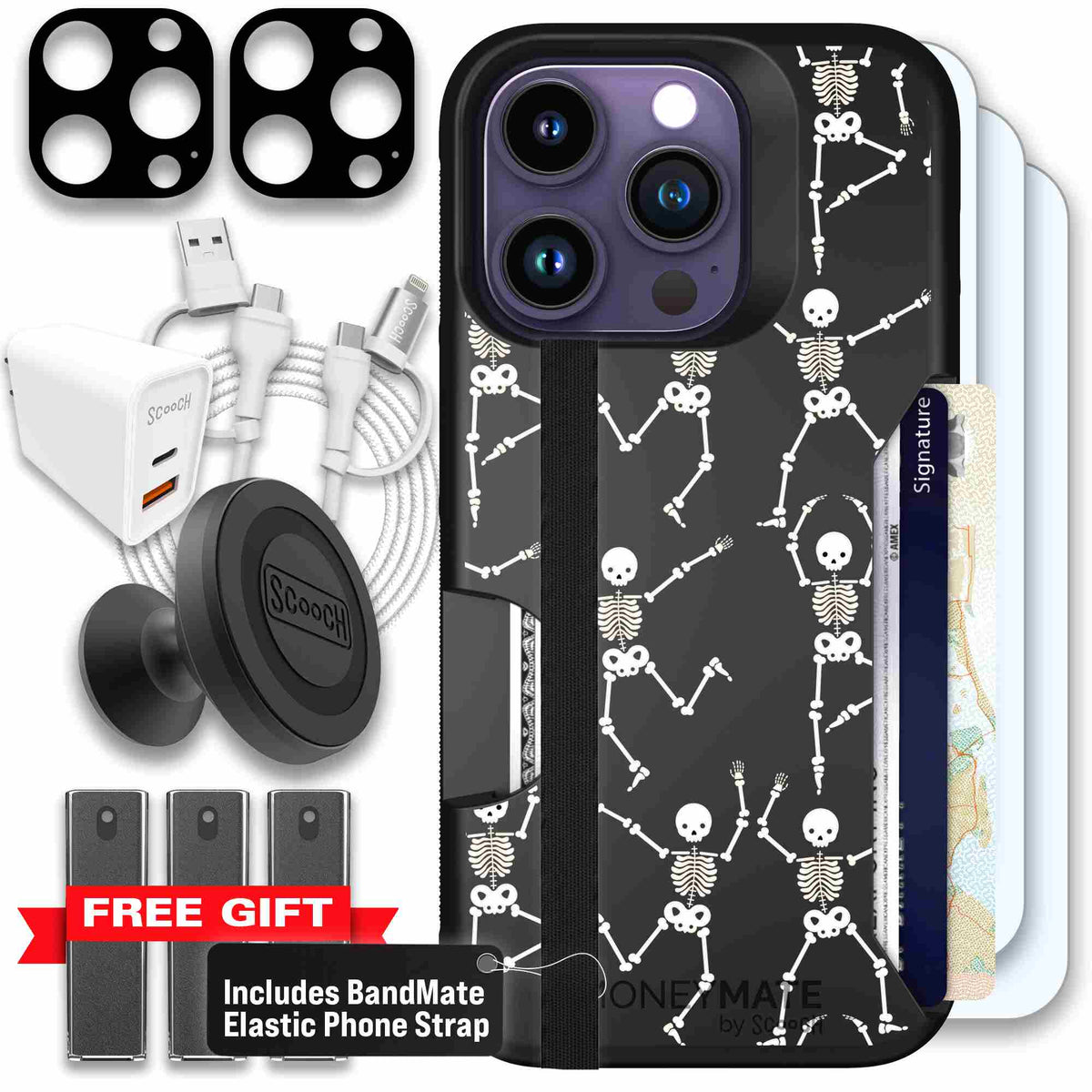 Swinging Skeletons white dancing skeleton pattern on a black scoochzza Moneymate case for iPhone 14 Pro - Ultimate Bundle